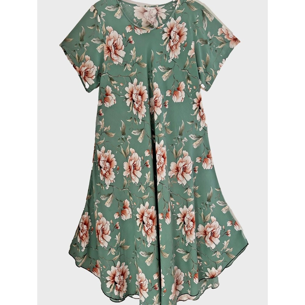 Womens 2XL Green Floral Print Cotton Long House Dress Short Sleeve Casual Dress